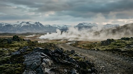Fototapeta premium Steaming Geothermal Hot Springs in Dramatic Mountain Landscape with Clouds