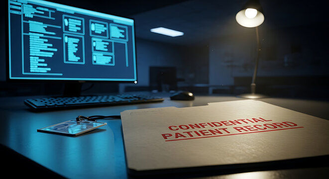 HIPAA compliant patient record containing confidential medical information and data security protocols on a desk with a computer