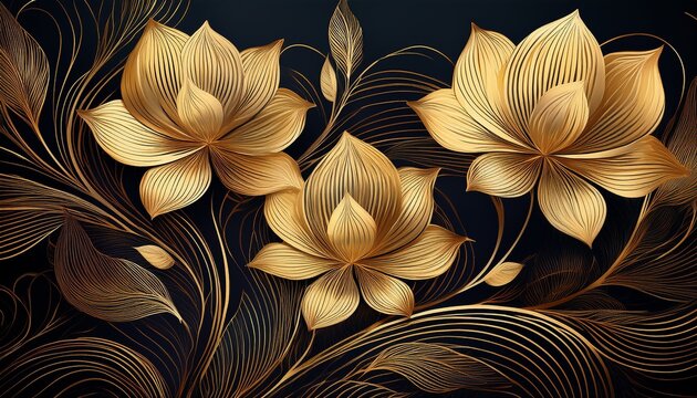 An Elegant And Luxurious Illustration Featuring A Background With Gold Flowers Made Of Thin Golden Lines On A Dark Background Creating A Delicate Floral Texture Ai Generated