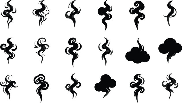 Black smoke and steam silhouettes collection set isolated on white background featuring various abstract burning paths swirling elements and comic cloud vapor waves design vectors