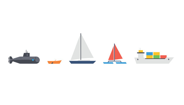 Various water vessels including a submarine, rowboat, sailboat, and cargo ship representing diverse marine transport and travel modes.
