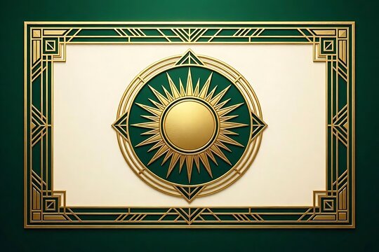 Dynamic art deco certificate background with geometric golden frame and sunburst motif on emerald green