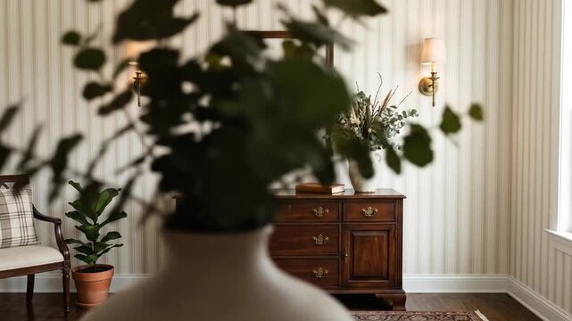 Elegant vintage interior with wooden sideboard and framed botanical art.