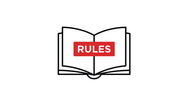 Black outline icon of an open book with a red label containing the word rules on a clean white background for educational use.