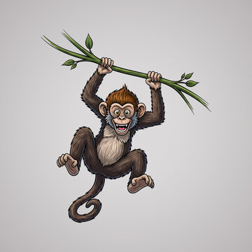 Cartoon monkey swinging on bamboo sticks. Playful primate illustration in mid-air motion. Cute animal mascot for kids' media and eco campaigns.