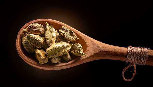 Golden Cardamom Pods Rest In A Wooden Spoon