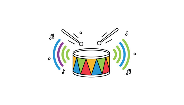 Colorful drum icon with drumsticks and sound wave effects, representing music, rhythm, and entertainment for creative design projects.