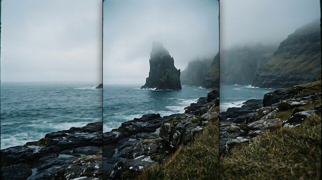Misty seascape with rugged coastline and rocky outcrop