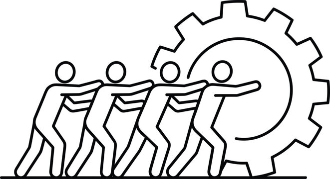 Collective hard work and teamwork concept vector illustration with group of stick figures pushing large cog gear