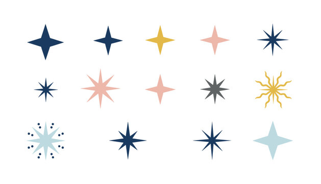 Variety of colorful star icons in different shapes and styles, including simple sparkles and complex decorative symbols for design.