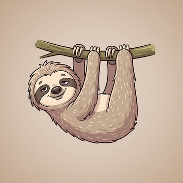 Cute sloth hanging from a branch. Adorable slow-moving mammal clinging to wooden perch. Wildlife animal illustration for nature and relaxation themes.