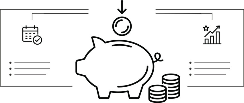 Financial planning and savings infographic presentation template vector featuring piggy bank coin stack calendar and growth graph icons