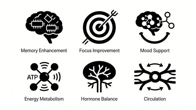 The simplified icons of brain and physiological circulation are displayed in an orderly manner, representing the concepts of cognitive enhancement, focus improvement, and endocrine stability.
