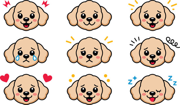 Cute Poodle Dog Emoji Face Character Vector Set Featuring Happy Sad Crying Loving Sleepy and Confused Puppy Expressions for Sticker Designs