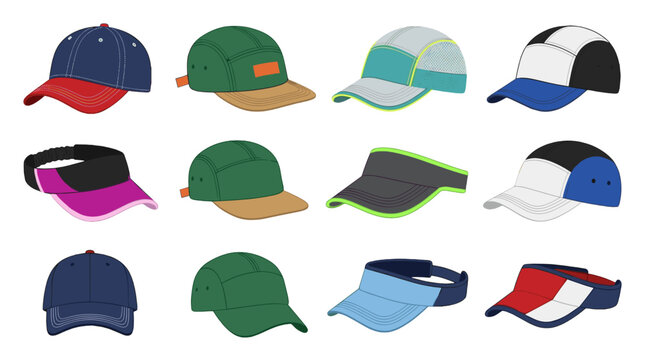 Sporty sun visors caps arranged as summer headwear collection for tennis golf running beach travel retail catalog active lifestyle apparel accessories seasonal fashion promotion visual