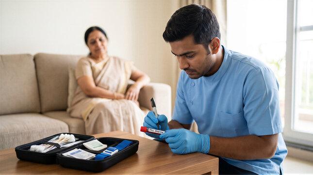 Indian phlebotomist in gloves labeling blood sample vial during home healthcare visit