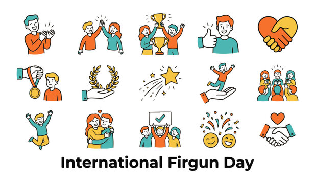 Vector line art success, achievement, and celebration icons set for International Firgun Day