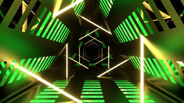 Green and Yellow Futuristic Triangular Cyber ​​Corridor with Rotating Neon Elements Background VJ Loop in 4K