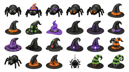Obraz premium Halloween witch hats and spiders in flat design. Cute cartoon icons of black hats, purple hats, and creepy crawlies. Vector set for seasonal market...