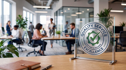 Obraz premium Certified Excellence Award Plaque Displaying Success in Bright Modern Corporate Coworking Environment