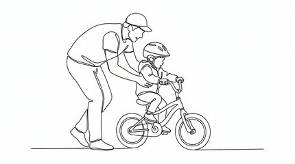 Obraz premium Father helping child learn to ride a bicycle