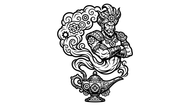 Steampunk Genie Emerging from Magic Lamp with Gears and Smoke