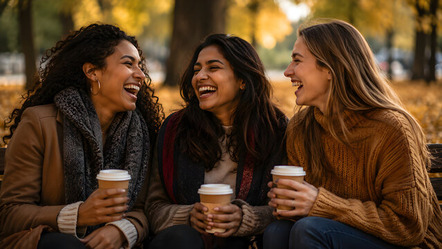 Diverse women laughing on park bench in autumn Generative AI