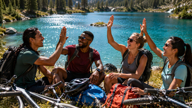 Diverse friends with bicycles relaxing by clear lake Generative AI