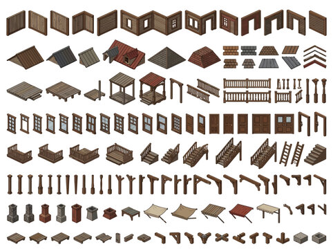 Building Wild West settlements with isometric pixel art modular architectural game assets, from an elevated perspective.