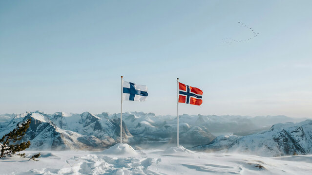 Finnish and norwegian flags on snowy mountain peak with scenic view finland norway mountains