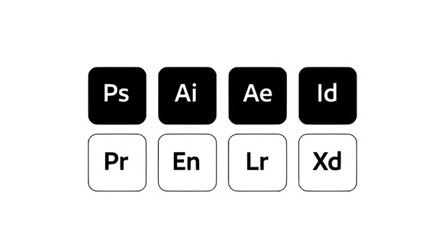 Ps Ai Ae Id Pr En Lr Xd Icons in Black and White Featuring Ps Ai Ae Id Pr En Lr Xd, Design, Vector with Illustration and Symbol Elements for Graphic
