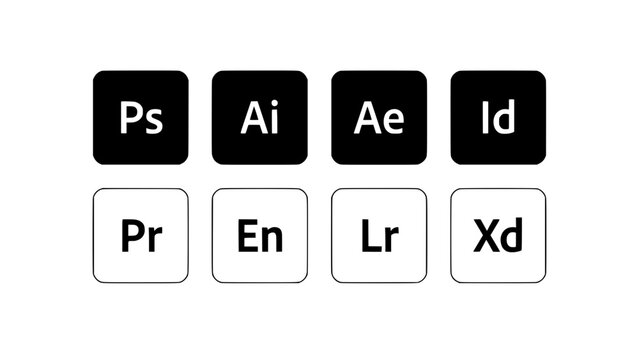 Ps Ai Ae Id Pr En Lr Xd Icons in Two Rows of Four Each Featuring Ps, Ai, Ae with Id and Pr Elements for En, Lr Projects, Clean Composition on Simple