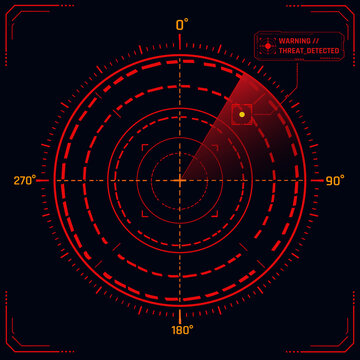 Red neon Sci-Fi HUD radar vector illustration with target locked warning screen and futuristic combat interface elements