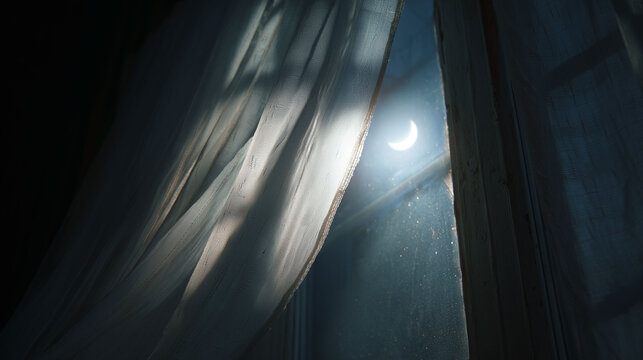 Enchanting full moon light rays entering dark room through window