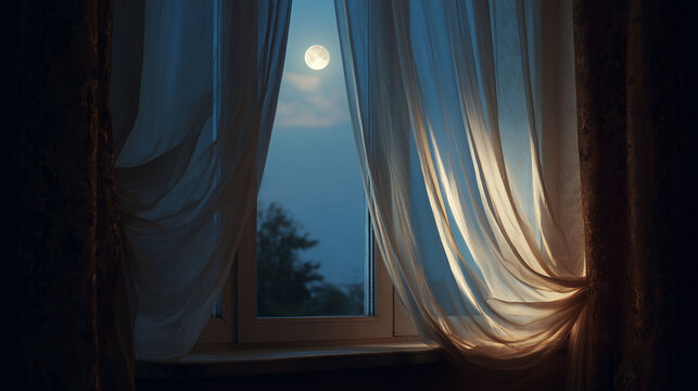 Ethereal evening light with visible full moon and nature view outside window