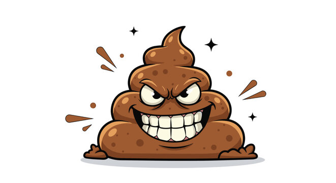 Cartoon poop emoji character with a broad smile and angry eyebrows surrounded by sparkles and splashes on a white background.