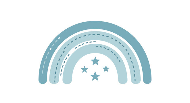 Simple blue and grey rainbow with dashed lines and four small stars in the center of the arch on a clean white background.
