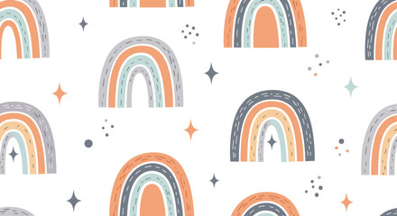 Fototapeta premium Cute and whimsical seamless pattern featuring hand drawn rainbows with different colors and textures mixed with small twinkling stars.