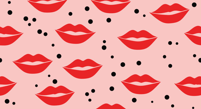 Vibrant seamless pattern features many sets of red lips and small black dots scattered across a light pink background.