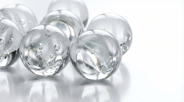 Transparent gel spheres with suspended air bubbles on glossy white surface for skincare serum science hydration purity cosmetic ingredient abstract background clinical concept clean beauty