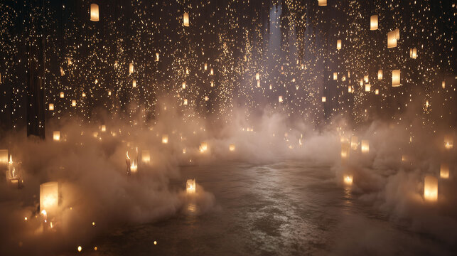 Mystical room filled with thick fog and thousands of floating lanterns