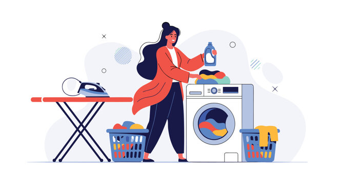 Modern illustration of a woman doing her laundry by using a front loading washing machine with baskets and an ironing board nearby.