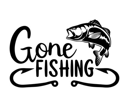 Gone Fishing typography logo with fishing rod and fish silhouette