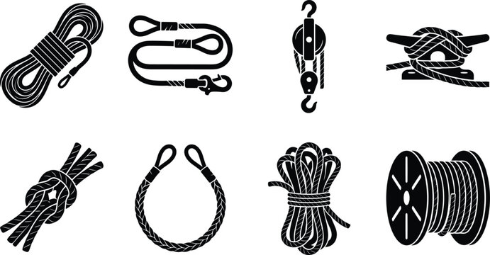 Rope and Tools Icon Set, 8 Black Vector Symbols with Coil, Knot, Pulley and Cable Reel