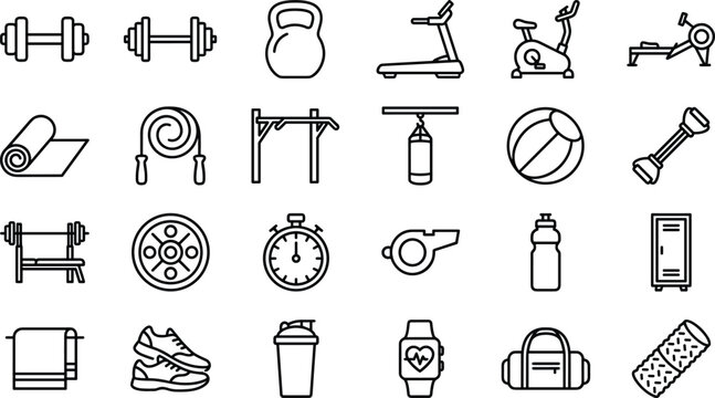 Gym fitness line icon set vector workout weight training equipment elements for crossfit health app UI