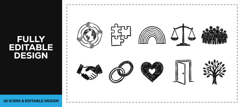 Black ink scribble business collaboration and team puzzle icon set bundle featuring hand drawn doodle sketch vector illustrations for corporate unity and startup branding art.
