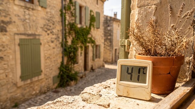 Digital thermometer showing extreme temperature of forty one degrees celsius standing on window sill of old european village street