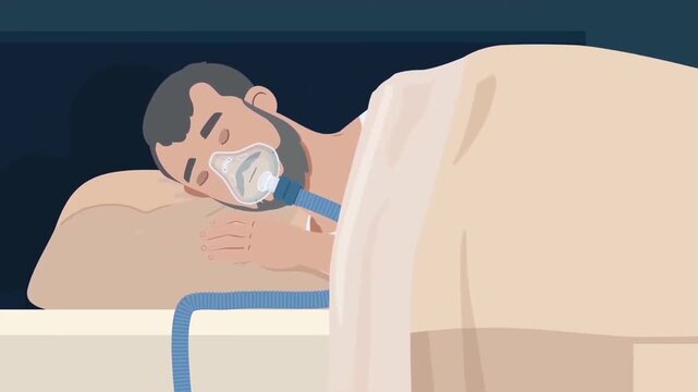 Sick Man Patient Sleeping in Bed with CPAP Breathing Oxygen Mask. Sleep Apnea Medical Treatment Therapy 2D Animation.