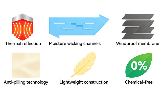 List the process icons of windproof lightweight and environmentally friendly fabrics, low-carbon textiles, anti pilling fabrics, and upgraded and improved high-end outdoor clothing
