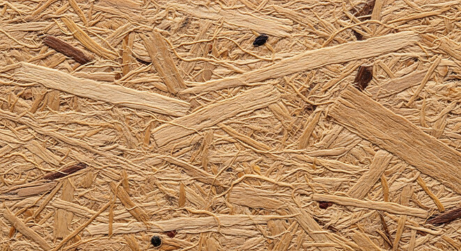 Closeup of OSB chipboard texture showing wood flakes for industrial background design